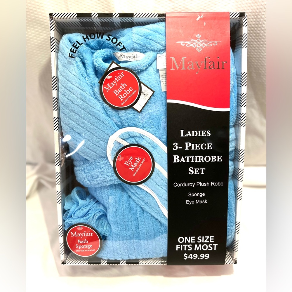 Mayfair Corduroy Plush Robe with eye mask and loofah sponge. One size fits most